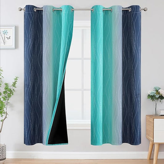 Estelar Textiler Navy Blue and Teal Blackout Curtains for Living Room, Full Room Darkening Grommet Ombre Curtains for Bedroom, Thermal Insulated Light Blocking Gradient Drapes, 42Wx72L, 2 Panels