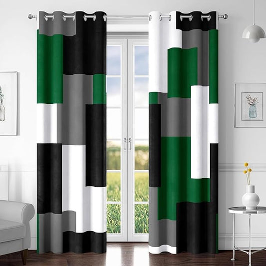 Green 100% Blackout Curtains for Bedroom 108 inch Extra Long 2 Panels Set Hunter Green Grey Modern Abstract Geometric Black Out Curtains Room Darkening Window Drapes for Living Room, 52Wx108L