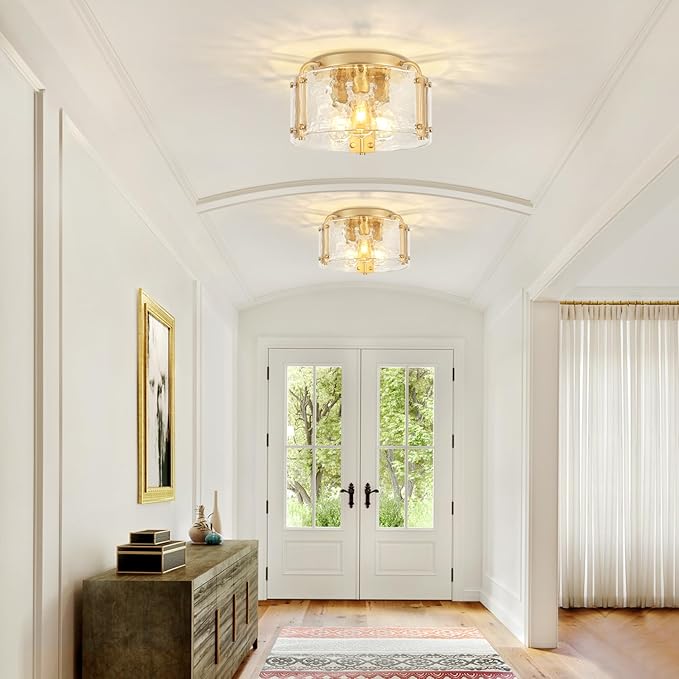 TOULMJ 15'' Semi Flush Mount Ceiling Light, Gold Morden Hallway Light Fixture 3-Light Ceiling Light Fixture with Seeded Glass Shade for Dining Room Hallway Entryway Bedroom Laundry Room