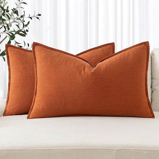 MIULEE Fall Decorative Linen Lumbar Pillow Covers 12x20 Inch Burnt Orange Boho Farmhouse Neutral Couch Throw Pillows for Bed Pack of 2 Accent Modern Pillowcase Summer Sofa Livingroom Home Decor