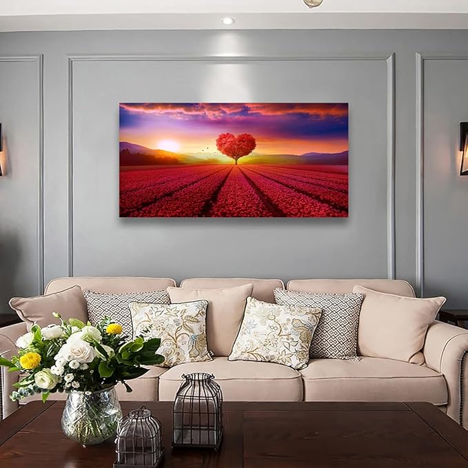 Tree of Life Wall Art Canvas Prints Natural Landscape Pictures Home Decor Red Heart Tree Paintings for Living Room Bathroom Bedroom Kitchen Decorations 20x40 Wooden Framed Artwork Easy Hanging