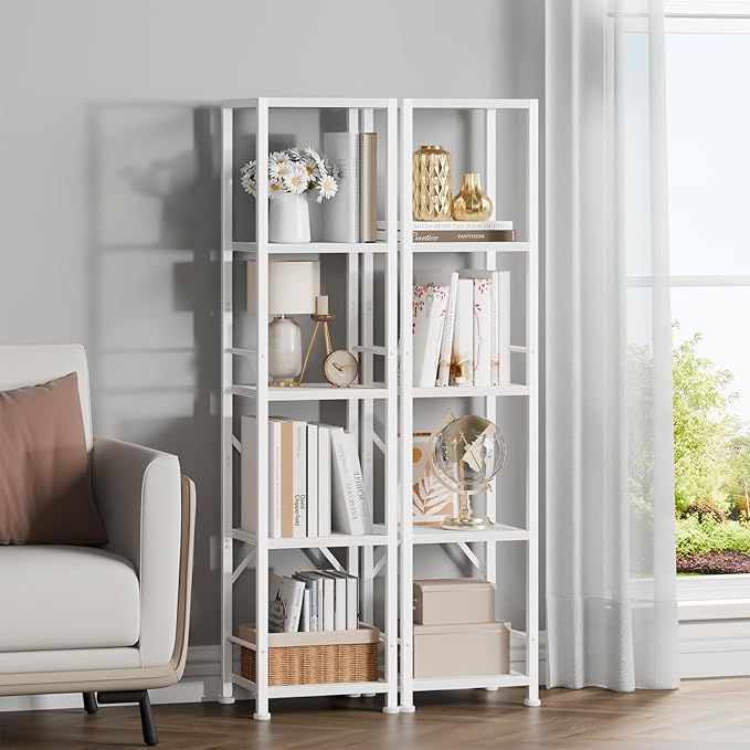 Furologee 5 Tier White Bookshelf, Tall Narrow Bookcase for Small Space, Modern Freestanding Shelf, Metal and Wooden Display Storage Shelves for Bedroom, Living Room, Office
