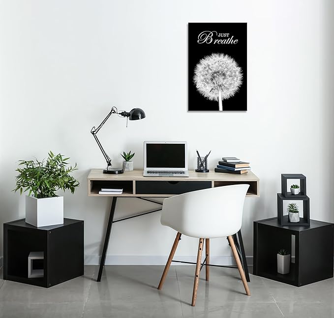 YIOZHAOFH Black Dandelion Picture Artwork Bedroom Decoration Just Breathe Canvas Painting Photo Relaxing Bathroom Art Wall Decor Framed for Home Meditation Room Office Dorm (12L x 16W)