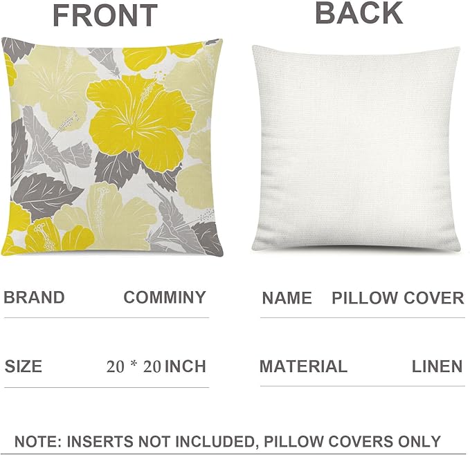 COMMINY Yellow Grey Pillow Covers 20x20 Set of 6, Daisy Flower Throw Pillow Cover Case Rustic Square Cushion Cover for Sofa Bedroom Living Room Farmhouse Home Decor