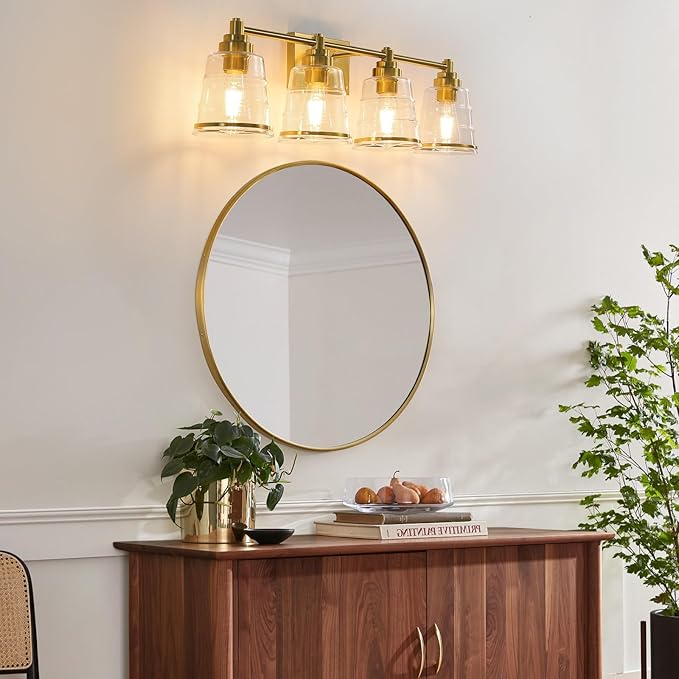 Gold Bathroom Vanity Light Fixture, 4 Light Bathroom Light Fixtures Over Mirror with Clear Glass Shade and Metal Base Wall Sconce, 29.1inch Modern Vanity Light for Bathroom(Exclude E26 Bulb)