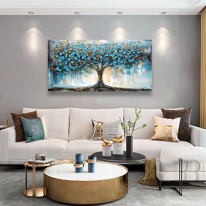 Blue Tree Pictures Canvas Wall Art for Living room Office Bedroom Wall Decor,Abstract Wall Art Print Modern Noble Blue Tree Oil Painting Artwork Waterproof Ready to Hang-20x40inch