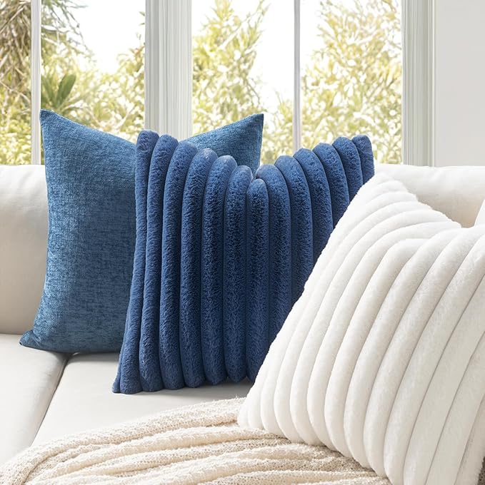 MIULEE Faux Fur Decorative Throw Pillow Covers 18x18 Inch Set of 2, Coastal Modern Art Home Decor Soft Plush Couch Pillows Cozy Fluffy Cushion Covers for Sofa Bed Navy Blue