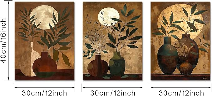 ChaudArt 3 Pieces Green Branch in Brown Vase with Moon Decor Paintings Modern Canvas Wall Art Decor Artworks Pictures for Living Room Bedroom Kitchen Decoration