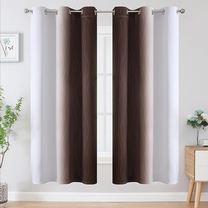 Estelar Textiler Brown and Greyish White Blackout Curtains for Living Room, Full Room Darkening Grommet Ombre Curtains for Bedroom, Thermal Insulated Light Blocking Gradient Drapes, 42Wx72L, 2 Panels