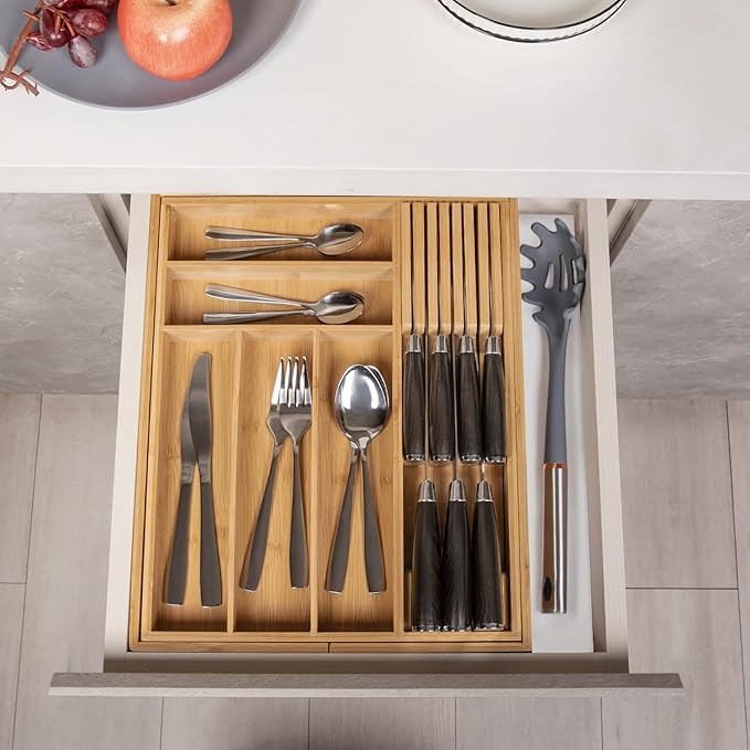 Bamboo-Silverware-Drawer-Organizer-Kitchen, Expandable Utensil Holder Cutlery Tray Flatware Organization Adjustable Wood Tableware Dividers Storage (with Removable Knife Block)(Natural)