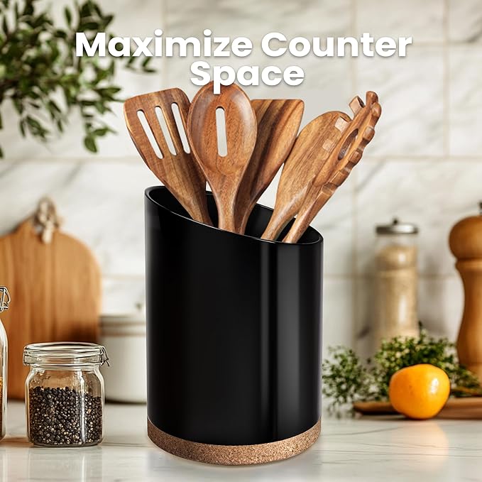 Large Ceramic Utensil Holder for Kitchen Counter, Modern Crock with Slanted Top & Cork Mat, for Spatulas & Cooking Spoons, Black
