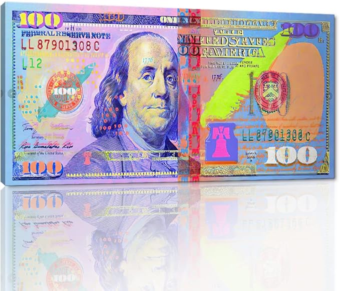 Office Artwork Wall Decor 100 Dollar Money Wall Art Giclee Canvas Paintings Prints Men Canvas Artwork Abstract Creative 100 Bill Art Print for Living Room Bedroom Decor Framed Easy to Hang- 32"Wx16"H