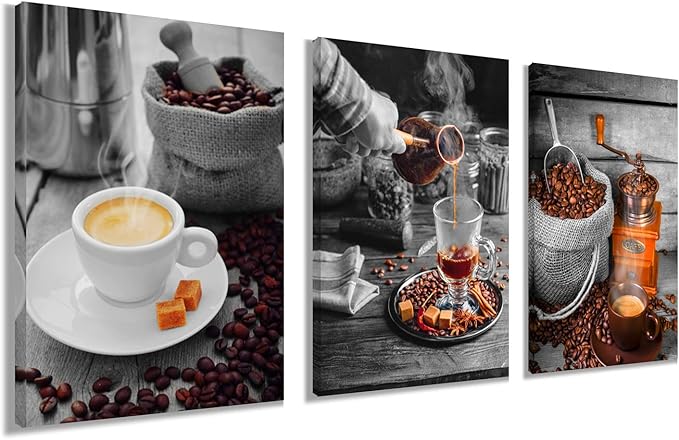 YUANAND Coffee Bean Coffee Cup Wall Decor - Kitchen Pictures - Canvas Wall Art - Framed Posters - Dining Room Decor
