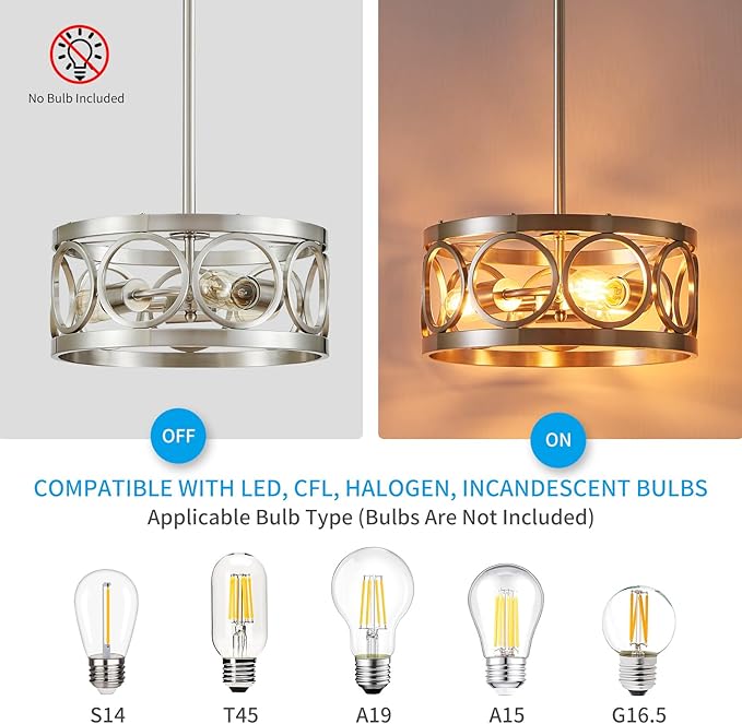 XINGQI Brushed Nickel 3-Light Rustic Ceiling Light Modern Adjustable Height Pendant Lighting Fixture Antique Drum Lamp for Living Room Bedroom Entryway Corridors 13”