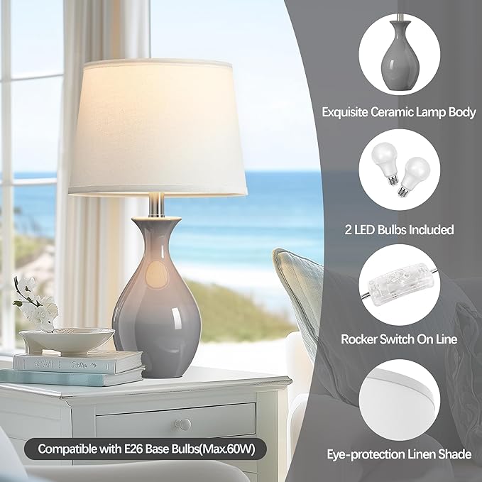 PARTPHONER Table Lamp Set of 2, Modern Ceramic Bedside Lamps for Night Stands, Classic Small Lamp Nightstand Lamp for Bedroom Living Room Desk End Table Rocker Swtich Grey