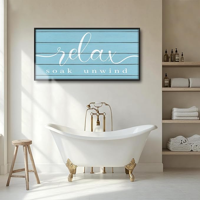 Lovira Relax Soak Unwind Large Wall Art Bathroom Blue Canvas Wall Decor Pictures Prints Painting Framed Home Artwork for Bathroom 30"x60"