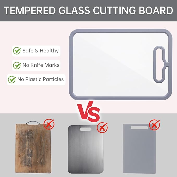 Tempered Glass Cutting Board for Kitchen Counter, Chopping Board with Non-Slip Edges, non toxic cutting board Set dishwasher safe, Heat & Shatter Resistant (Gray 15"×11")