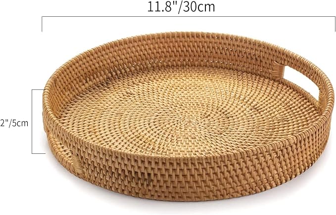 Rattan Round Serving Tray, Decorative Coffee Table Tray, Ottoman Hand Woven Serving Basket with Handles, Wicker Fruit/Bread Serving Basket, 11.8 inch