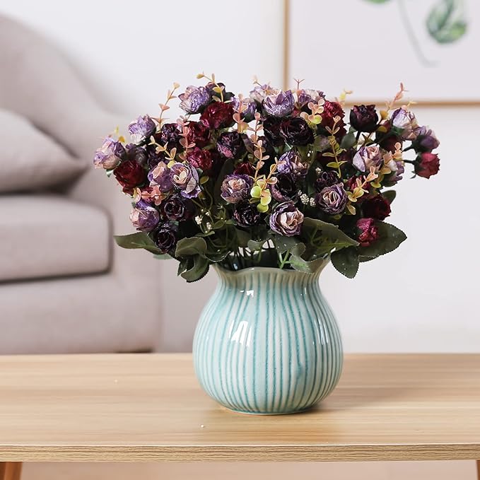 Duovlo 7 Branch 21 Mini Rose Heads Artificial Flowers Bouquet Wedding Home Office Decor,Pack of 4 (Purple)