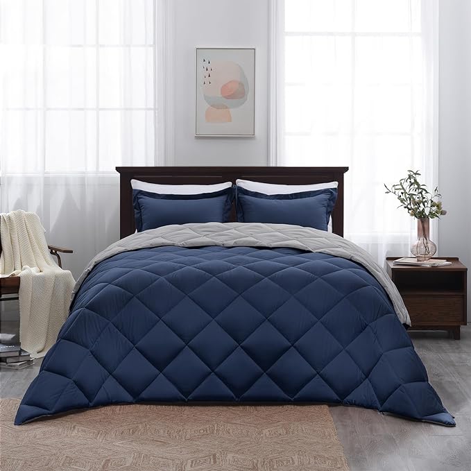 Basic Beyond Full Size Comforter Set - Navy and Grey Comforter Set Full, Reversible Comforter Full Size Set, 1 Comforter (82"x92") and 2 Pillow Shams (20"x26"+2")