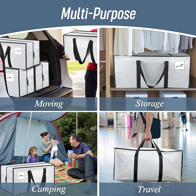6 Pack Extra Heavy Duty Large Moving Bags with Strong Zipper & Comfortable Handles, Sturdy & Durable Clothes Storage Bags Totes Bins, Packing Moving Boxes for College Supplies, White