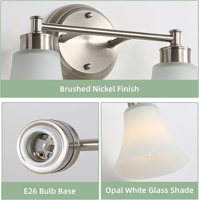 LOUSACE 2 Light Bathroom Vanity Light Brushed Nickel Bathroom Lighting Fixtures Over Mirror with Opal White Frosted Glass, Vintage Traditional Wall Lighting Fixture Satin Nickel Vanity Lights