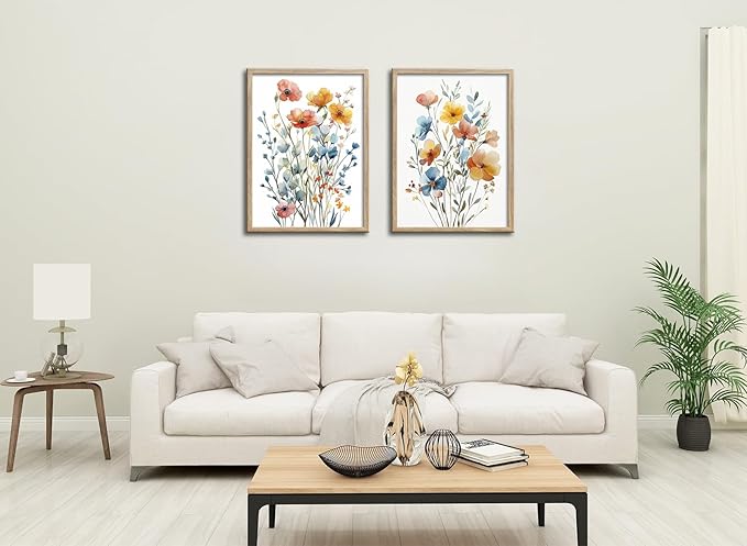 Large Framed Colorful Flowers Canvas Wall Art for Bathroom Decor, Blue Floral Print, Yellow Orange Flowers Artwork Pictures Poster for Bedroom Living Room Decoration 16"x24"x2 Panels