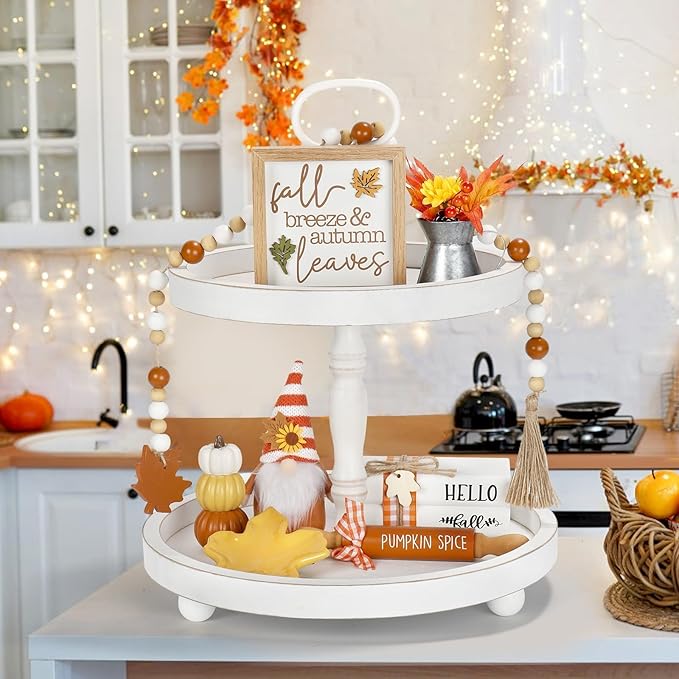Fall Decorations for Home 8PCS Tiered Tray Decor Set, Tabletop Fall Decor for Tray Shelf Mantel Fire Place Office Desk Kitchen Thanksgiving Autumn Table Centerpieces Pumpkin Farmhouse Wood Sign