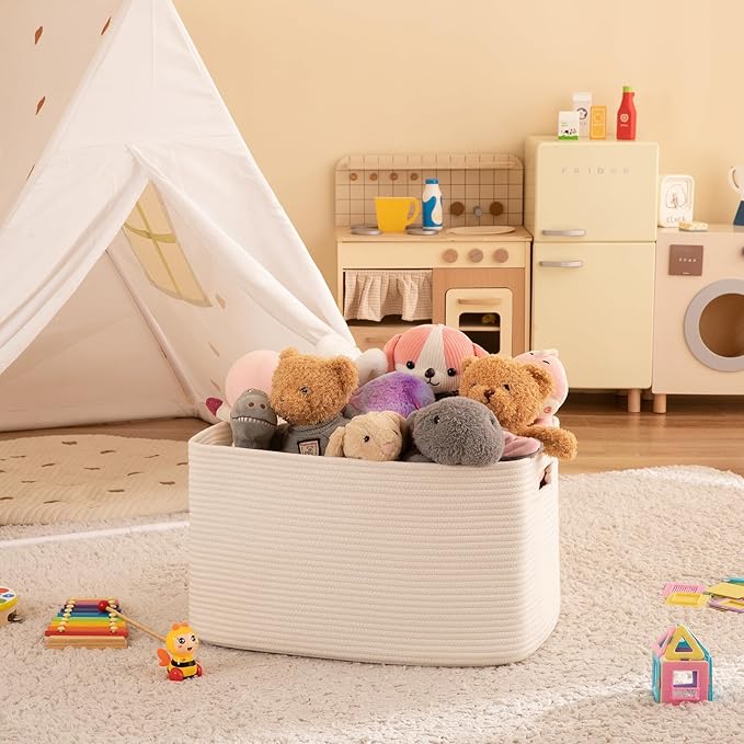 OIAHOMY 75L Large Blanket Basket, Woven Cotton Rope Baskets for Organizing, 22”x17”x12”, Blanket Basket living Room, Bedroom, Nursery, Dog Toy Storage Bins, White