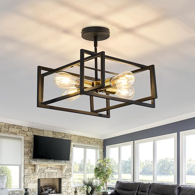 ZGLAOJT 4-Lights Close to Ceiling Light Black and Gold Light Fixture Industrial Flush Mount Ceiling Light Farmhouse Chandelier Lighting for Kitchen Island Dining Room Bedroom Foyer Hallway.