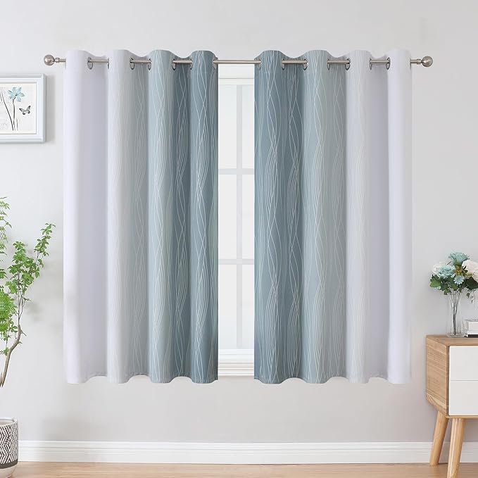 Estelar Textiler Stone Blue and Greyish White Blackout Curtains 45 Inch Length 2 Panels, Light Blocking Gradient Drapes for Kitchen, Thermal Insulated Grommet Ombre Curtains for Bathroom,52Wx45L