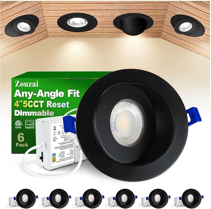 zouzai 6 Pack 4 inch Black 5CCT LED Gimbal Led Recessed Light with Junction Box, 360ยฐ+90ยฐ Adjustable Directional Eyeball Lighting, Dimmable, 2700K/3000K/3500K/4000K/5000K,10W=85W-ETL&Energy Star