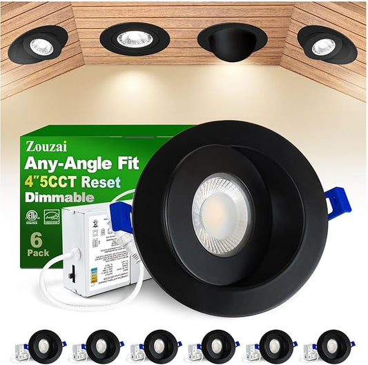 zouzai 6 Pack 4 inch Black 5CCT LED Gimbal Led Recessed Light with Junction Box, 360°+90° Adjustable Directional Eyeball Lighting, Dimmable, 2700K/3000K/3500K/4000K/5000K,10W=85W-ETL&Energy Star