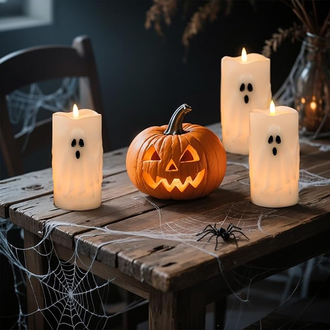 Eldnacele Halloween Flameless Candles with Remote and Timer, Battery Operated Hand Painted Ghost 3D Wick Flickering Real Wax White LED Pillar Candles Spooky Ghost Face Halloween Decor(2pcs,D3×H6.5)