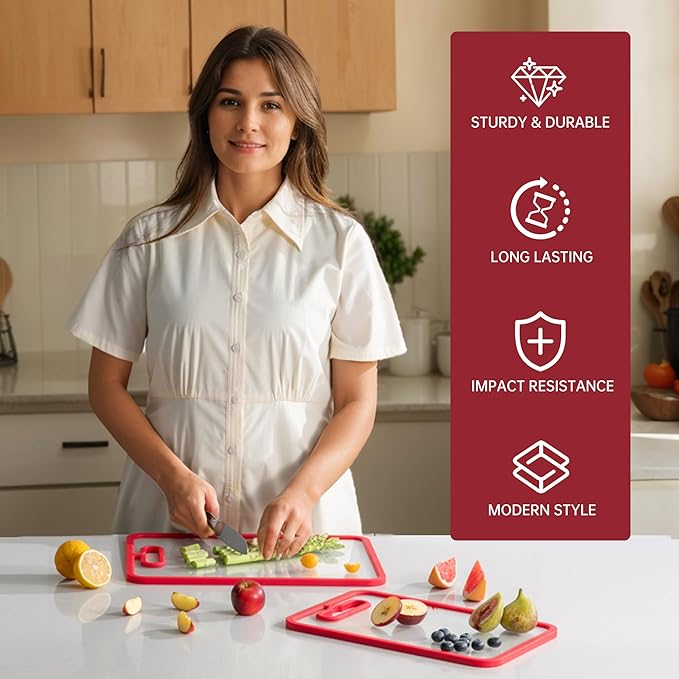 Tempered Glass Cutting Board for Kitchen Counter, Chopping Board with Non-Slip Edges, non toxic cutting board Set dishwasher safe, Heat & Shatter Resistant (Red 15"×11")