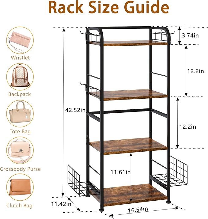 4-Tier Purse Organizer for Closet with 3 Side Hooks and 2 Baskets, High Capacity Purse Rack Stand for Purse Storage, Metal & Wood Handbag Holder for Handbag Organizer, Patent Pending
