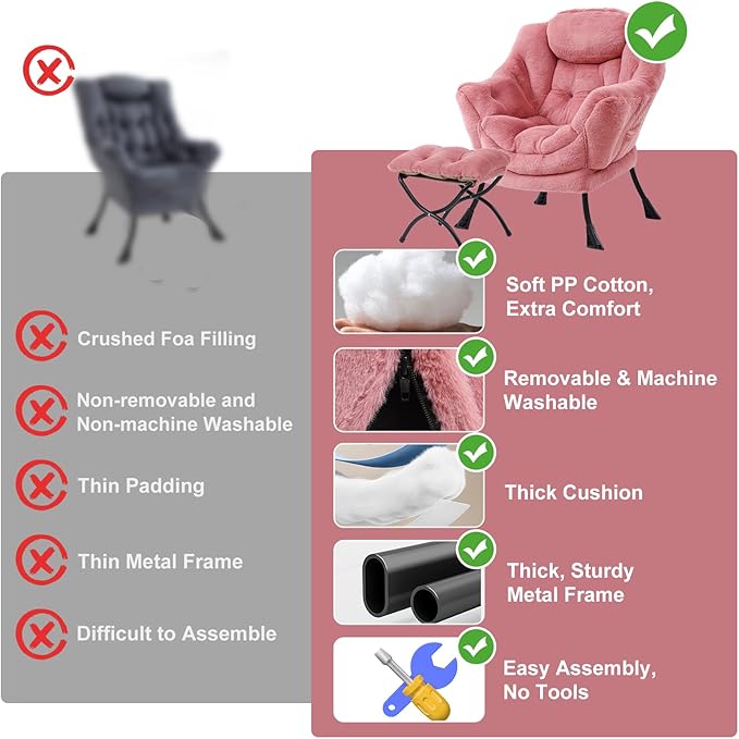 Lazy Chair with Ottoman, Modern Chair with Folding Footrest, Lounge Accent Chair, Comfortable Reading Chair (Plush Dark Pink)