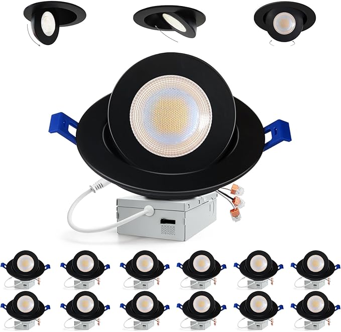 Adetu Recessed Lighting 6 inch, 360°+90° Adjustable Directional 6 inch 5CCT Gimbal Black Led Recessed Lighting, 2700K-5000K Dimmable Retrofit Eyeball Can Recessed Lights with Jbox, ET(Black-12 Pack)