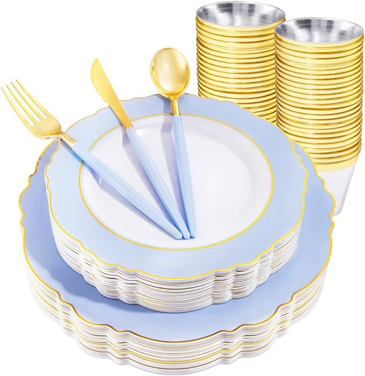 WDF 150pieces Baby Blue Plastic Plates with Gold Rim - Disposable Gold Plastic Silverware With Blue Handle-Baroque Light Blue&Gold Disposable Plates Dinnerware for Wedding/Party