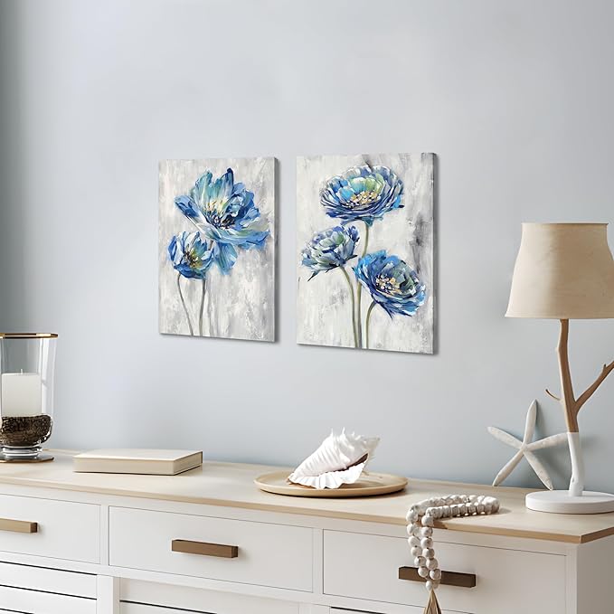 Color Play Blue Flower Canvas Wall Art: Bathroom Bedroom Abstract Lotus Floral Painting Picture 2 Piece Modern Botanical Nature Giclee Print Artwork for Living Room Home Decor Ready to Hang