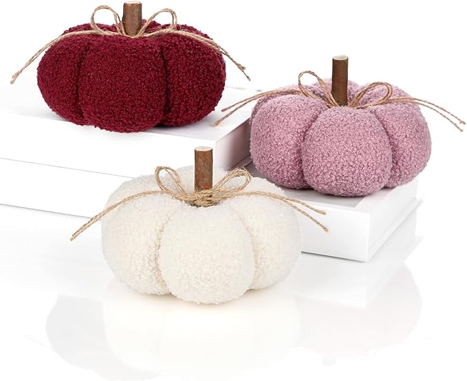 6" Fake Fall Pumpkin Decorations for Home, 3 Pcs Artificial Big Fabric Pumpkins Autumn Decor Faux Pumpkins for decorating, Fall Table Centerpiece Harvest Decor, Halloween Thanksgiving, Burgundy & Pink