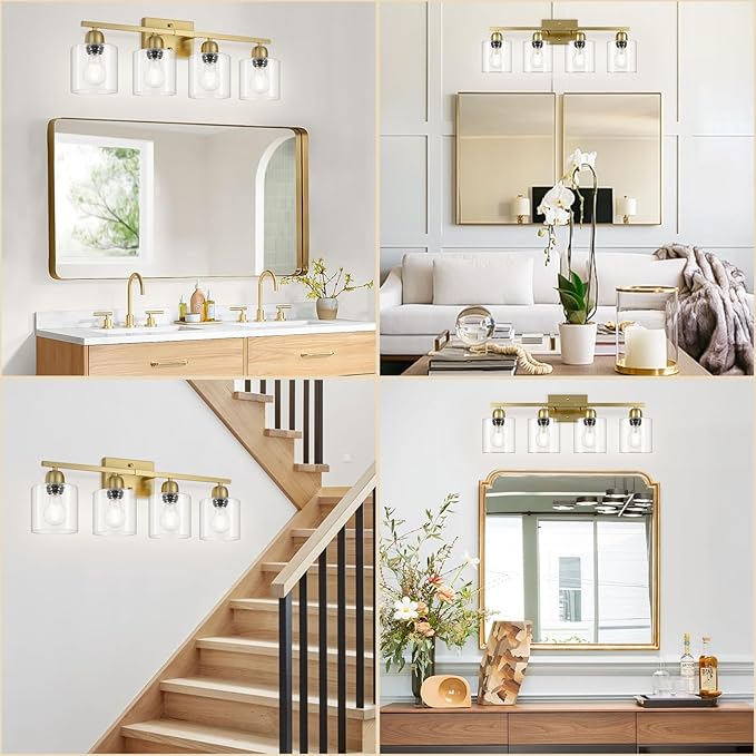 4 Light Gold Light Fixture Bathroom, Brushed Gold Vanity Light with Clear Glass, Lights for Bathroom Mirror for Mirror Living Room Bedroom Hallway E26 Base