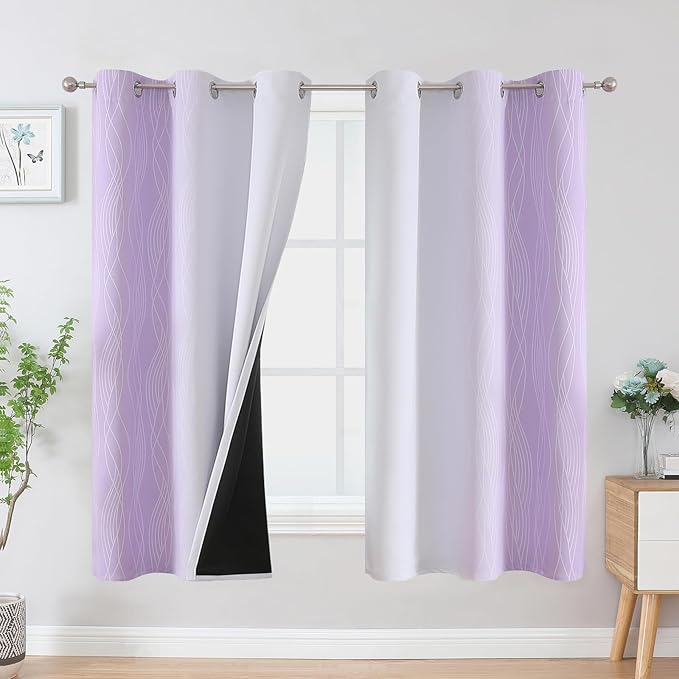 Estelar Textiler Lilac and Greyish White Blackout Curtains & Drapes for Bedroom, Thermal Insulated Ombre Blackout Drapes, Room Darkening Energy Saving Curtains for Living Room, 42Wx63L, 2 Panels
