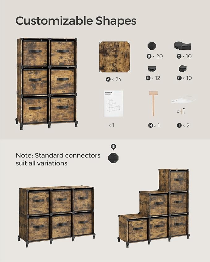 SONGMICS Cube Storage Organizer with Storage Boxes, Set of 6-Cube Organizer, 6 Collapsible Non-Woven Fabric Bins, Customizable, Space-Saving, Bedroom, Rustic Brown ULPC062K01