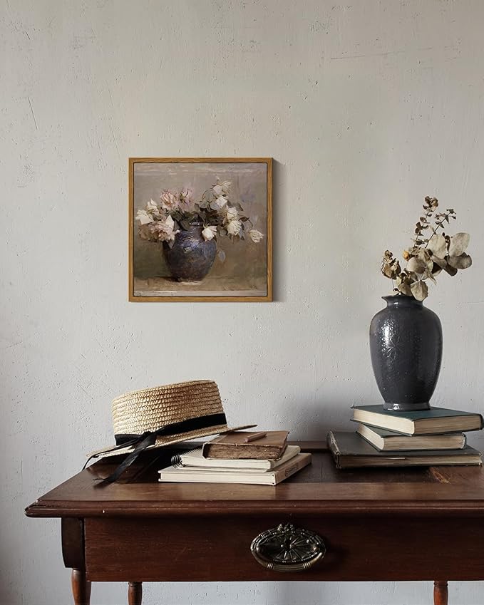 InSimSea Square Framed Canvas Wall Art, Flowers Farmhouse Vintage Classical Floral Rose in Vase Pictures Wall Decor Paintings, Canvas Wall Decor for Living Room, Kitchen Bathroom Home 9"x9"