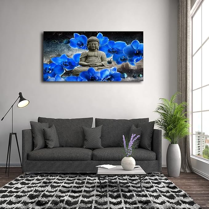 Buddha Pictures Wall Art Canvas Prints Home Decor Grey Zen Blue Flower Painting for Living Room Bedroom Bathroom Office Home Kitchen Decoration Asia Hindu Artwork 24x48 Wooden Frames Easy Hanging