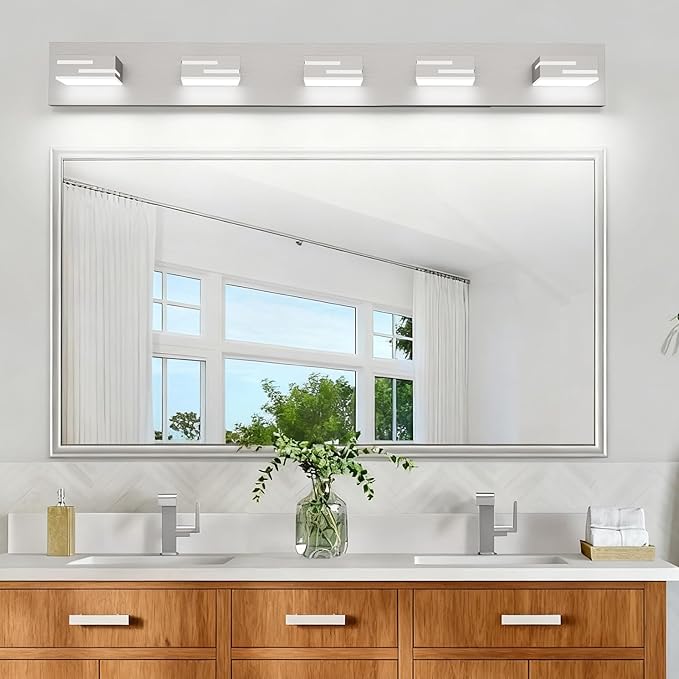 LED Modern Bathroom Vanity Light Fixtures, 5-Light 34-inch Dimmable Brushed Nickel Vanity Lights for Bathroom Lighting Fixtures Over Mirror, with 350° Rotatable Acrylic Heads (Cool White 6000K)