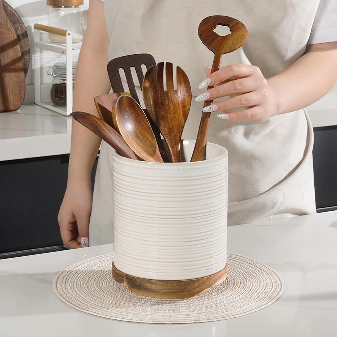 DOWAN 360° Rotating Extra Large Cooking Utensil Holder, 7.6" Kitchen Utensil Holder for Countertop, Utensil Crock for Farmhouse Kitchen Decor, Ceramic Stable Utensil Caddy, Soft White