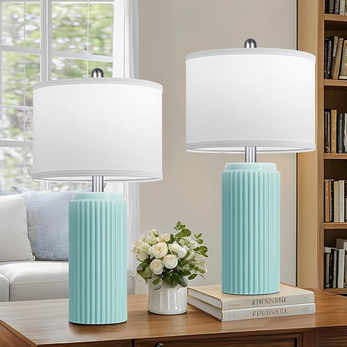 23.5’’ Light Green Coastal Table Lamps for Bedroom Set of 2, Modern Ceramic Nightstand Lamps for Living Room, Elegant Bedside Lamps with White Line Shade Set for Reading, Farmhouse Side Table Lamps