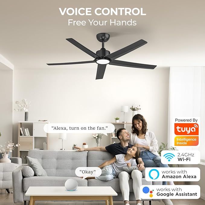 ocioc 52 Inch Smart Ceiling Fan,Modern Ceiling Fans with Lights and Remote,Compatible with Alexa/Google Home/APP,Reversible,Dimmable,3 CCT,Timer,Black Ceiling Fan for Bedroom,Living Room